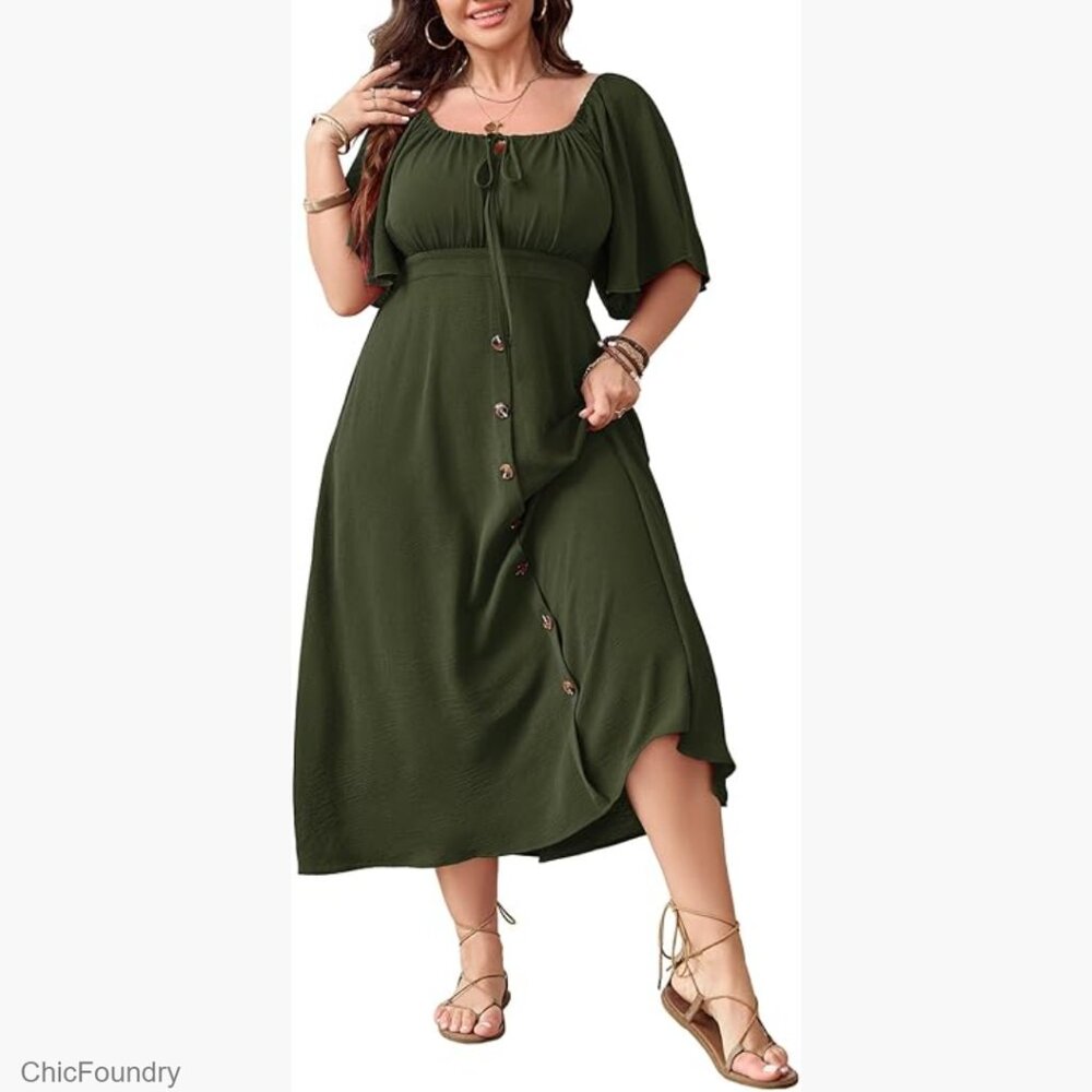 Plus Size Maxi Dress Short Sleeve Square Neck Tie Front Smocked A-Line